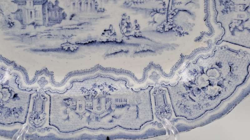 Circa 1850 Antique Pale Blue&white plate Syria Pattern in Wire Wall Hanger - Cracked -Maker: Cochran