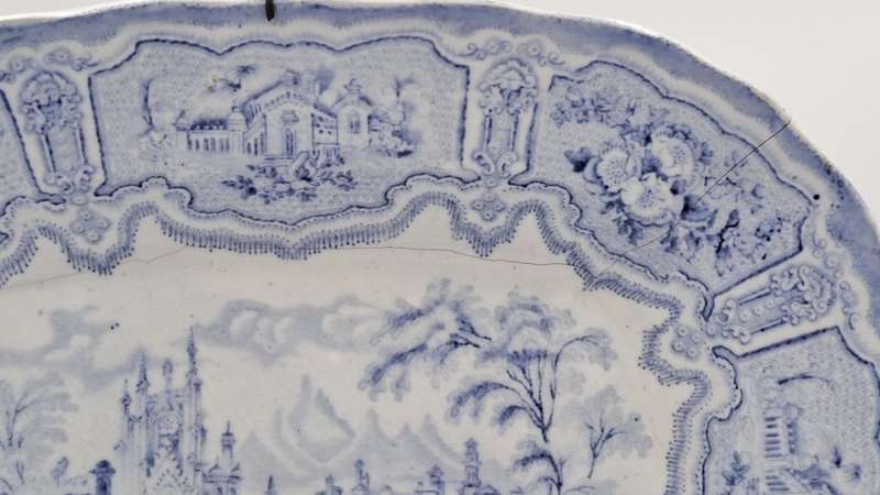 Circa 1850 Antique Pale Blue&white plate Syria Pattern in Wire Wall Hanger - Cracked -Maker: Cochran