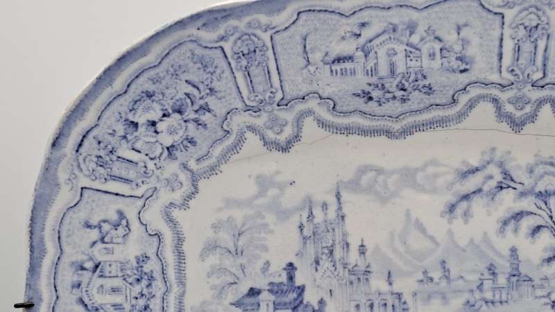 Circa 1850 Antique Pale Blue&white plate Syria Pattern in Wire Wall Hanger - Cracked -Maker: Cochran