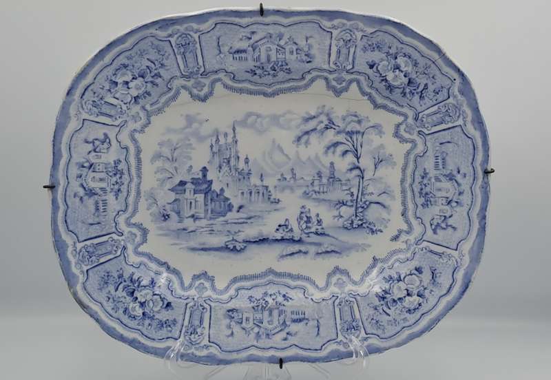 Circa 1850 Antique Pale Blue&white plate Syria Pattern in Wire Wall Hanger - Cracked -Maker: Cochran