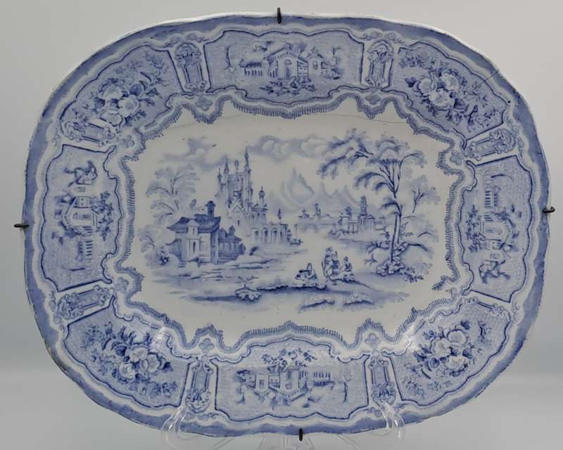 Circa 1850 Antique Pale Blue&white plate Syria Pattern in Wire Wall Hanger - Cracked -Maker: Cochran