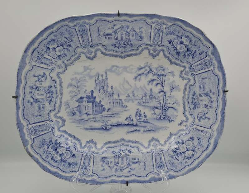Circa 1850 Antique Pale Blue&white plate Syria Pattern in Wire Wall Hanger - Cracked -Maker: Cochran