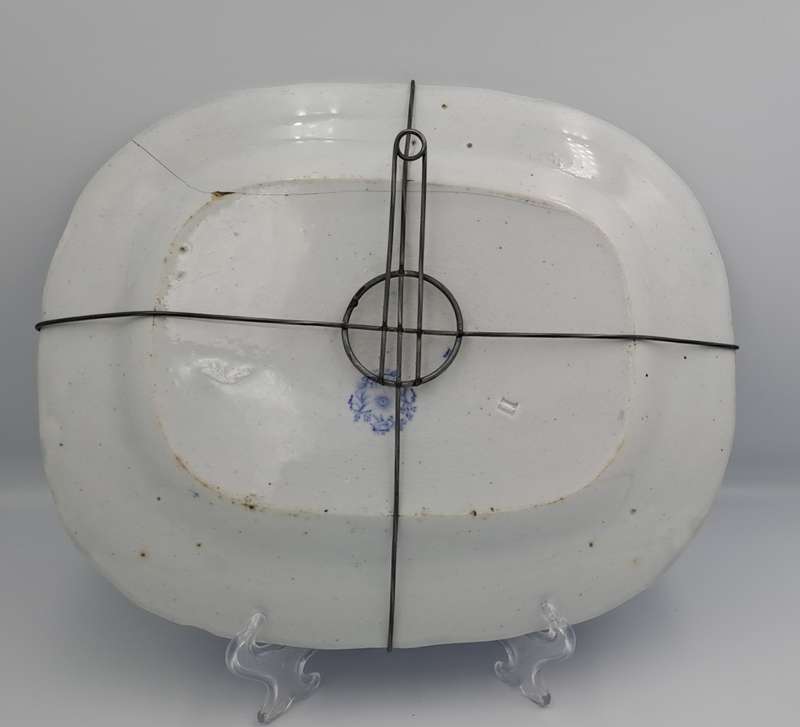 Circa 1850 Antique Pale Blue&white plate Syria Pattern in Wire Wall Hanger - Cracked -Maker: Cochran