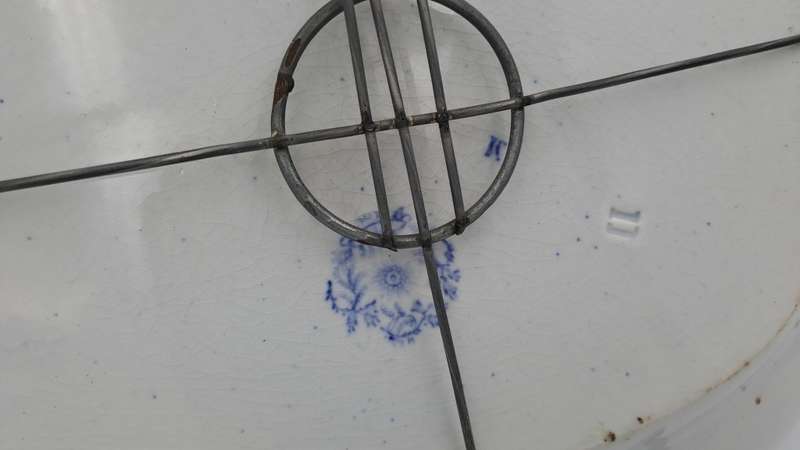 Circa 1850 Antique Pale Blue&white plate Syria Pattern in Wire Wall Hanger - Cracked -Maker: Cochran