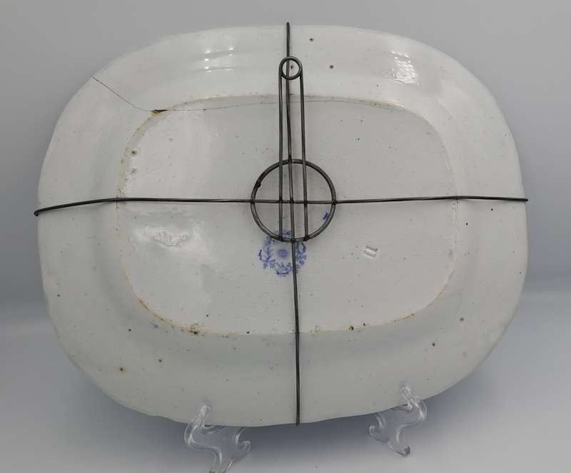 Circa 1850 Antique Pale Blue&white plate Syria Pattern in Wire Wall Hanger - Cracked -Maker: Cochran