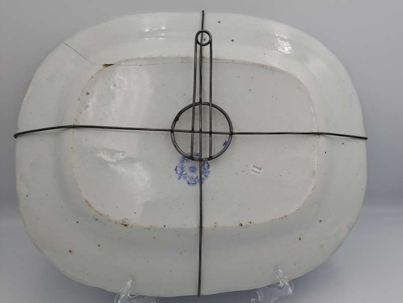 Circa 1850 Antique Pale Blue&white plate Syria Pattern in Wire Wall Hanger - Cracked -Maker: Cochran