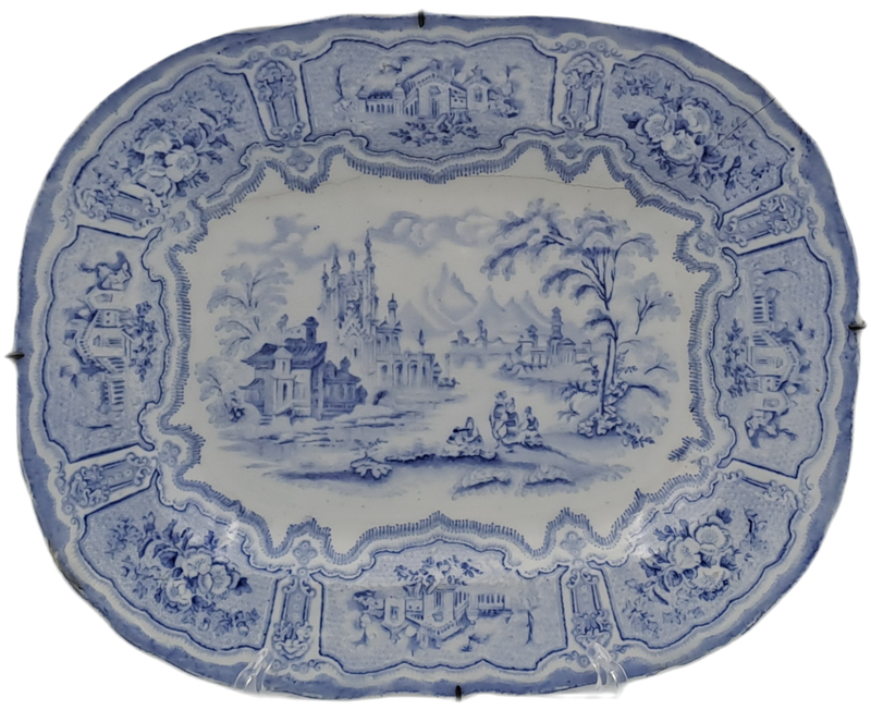Circa 1850 Antique Pale Blue&white plate Syria Pattern in Wire Wall Hanger - Cracked -Maker: Cochran