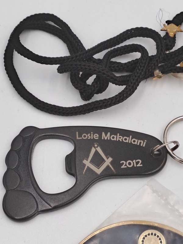 A Collection of Free Mason (Masonic) Items -Keyrings,Pins,Badges,Buckle
