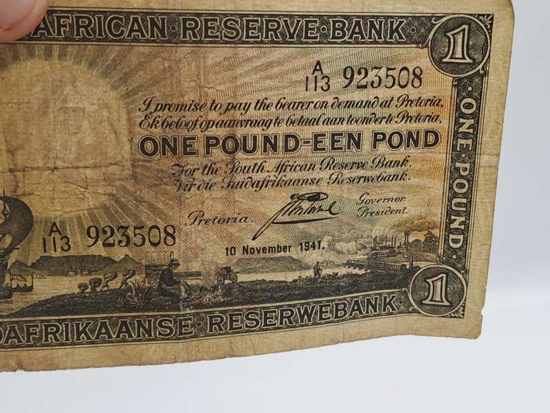 J. Postmus 1941 A113 Prefix - South Africa One Pound -Een Pond Bank note Circulated
