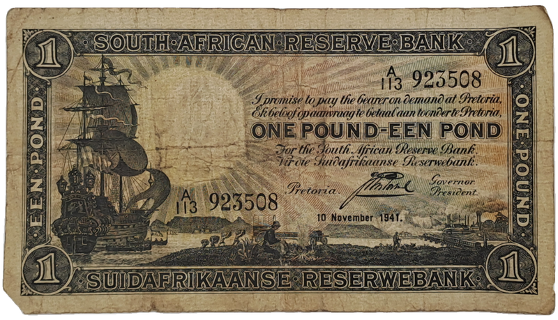 J. Postmus 1941 A113 Prefix - South Africa One Pound -Een Pond Bank note Circulated