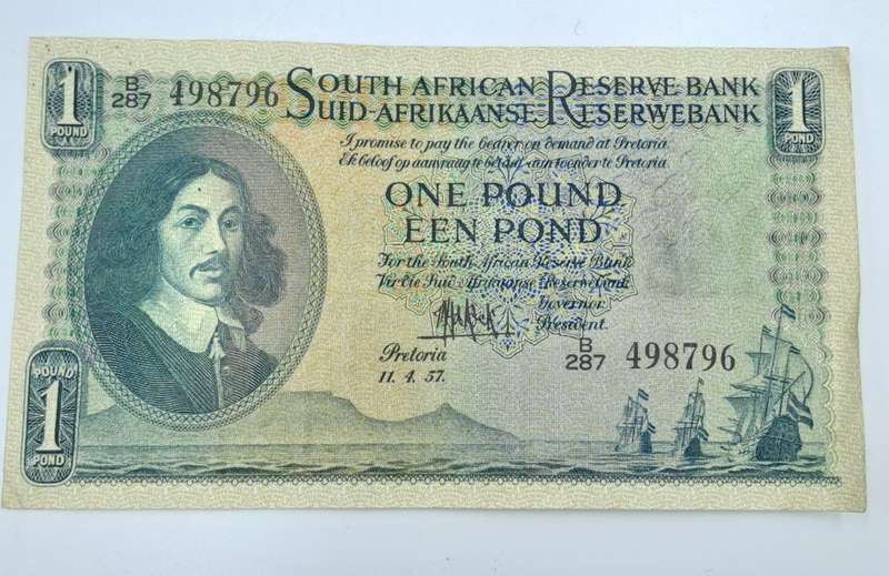 M.H De Kock B287 Prefix - 1957 South Africa One Pound -Een Pond Bank note Circulated
