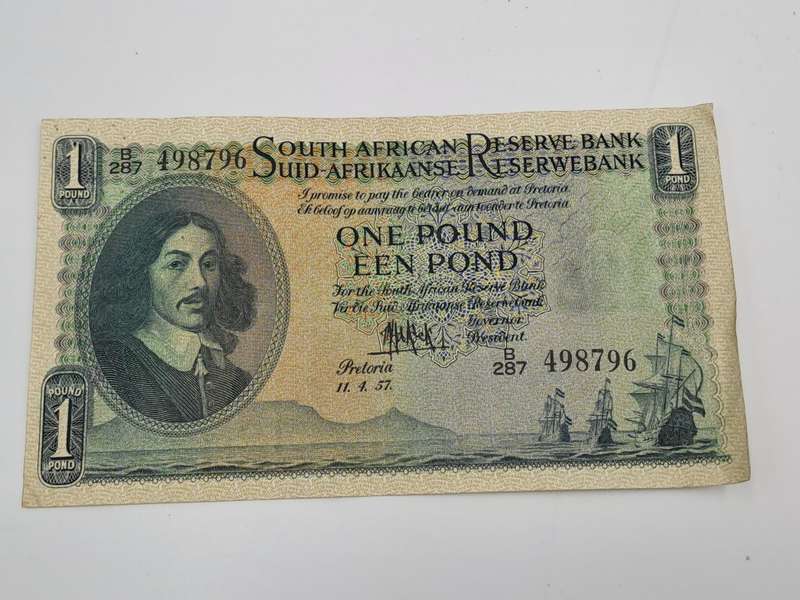 M.H De Kock B287 Prefix - 1957 South Africa One Pound -Een Pond Bank note Circulated