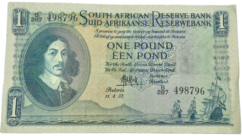 M.H De Kock B287 Prefix - 1957 South Africa One Pound -Een Pond Bank note Circulated