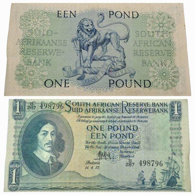 M.H De Kock B287 Prefix - 1957 South Africa One Pound -Een Pond Bank note Circulated