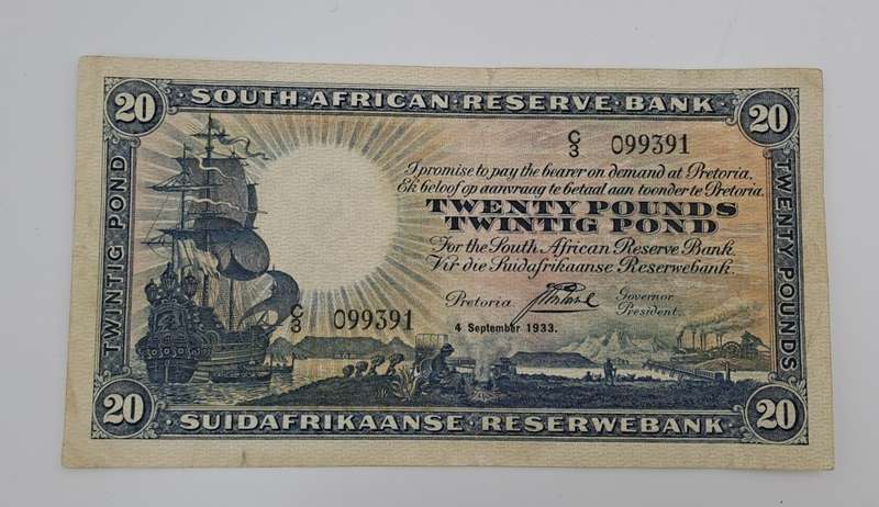 RARE!! J. Postmus 1933 South Africa 20 Pound -Twintig Pond Bank note Circulated