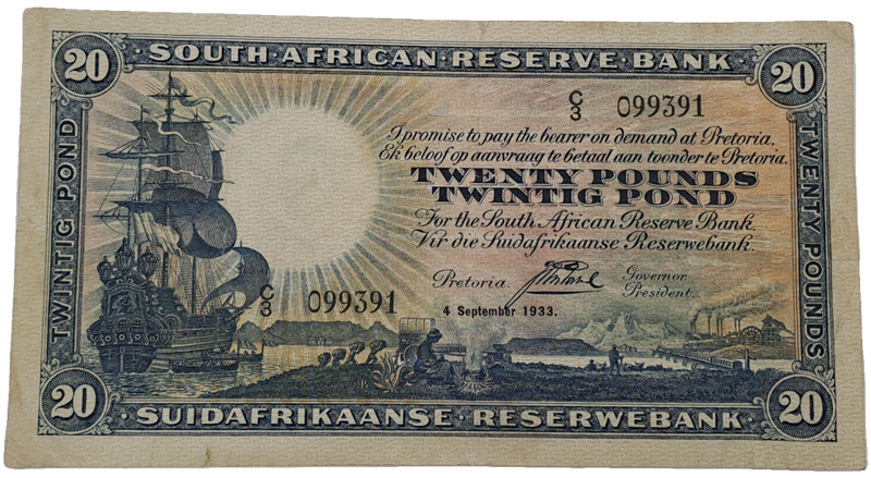 RARE!! J. Postmus 1933 South Africa 20 Pound -Twintig Pond Bank note Circulated