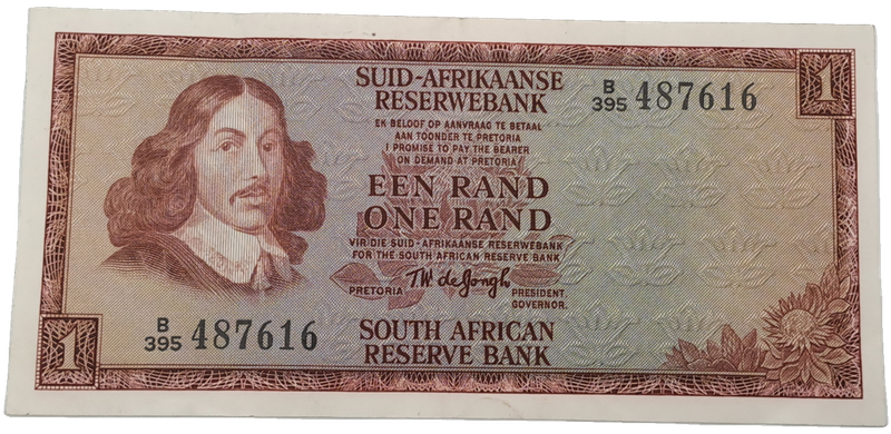 South Africa T.W. de Jongh 1975 One Rand Note Prefix B395 UNCIRCULATED