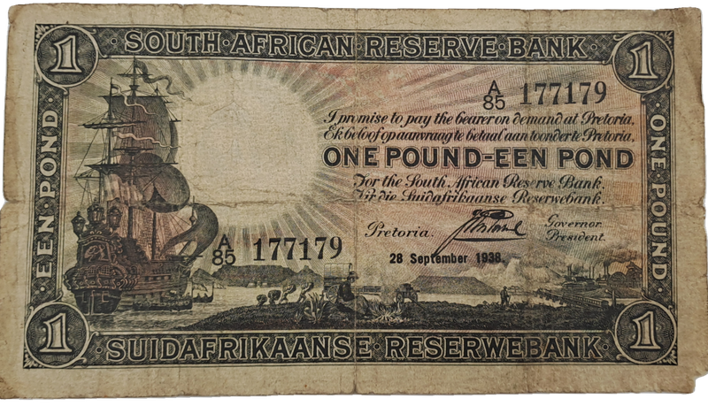 J. Postmus 1938 A85 Prefix - South Africa One Pound -Een Pond Bank note Circulated