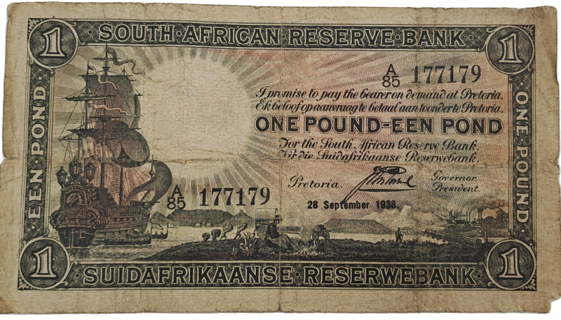 J. Postmus 1938 A85 Prefix - South Africa One Pound -Een Pond Bank note Circulated