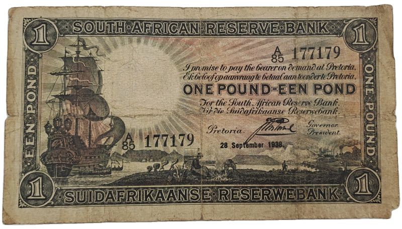 J. Postmus 1938 A85 Prefix - South Africa One Pound -Een Pond Bank note Circulated