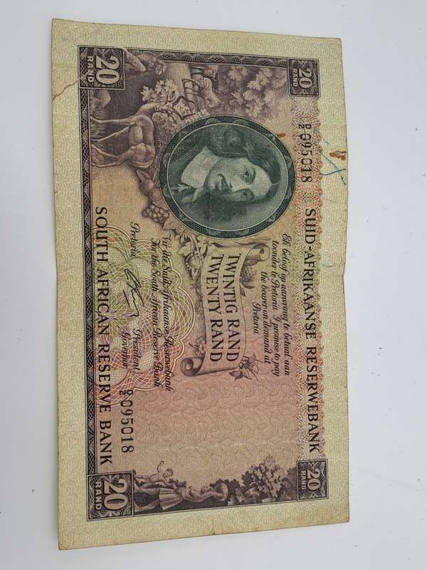 G.Rissik 1962 D2 Prefix - South Africa 20 Rand -Twenty Rand -AFrikaans -English Bank note Circulated