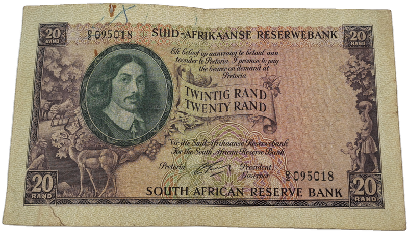 G.Rissik 1962 D2 Prefix - South Africa 20 Rand -Twenty Rand -AFrikaans -English Bank note Circulated