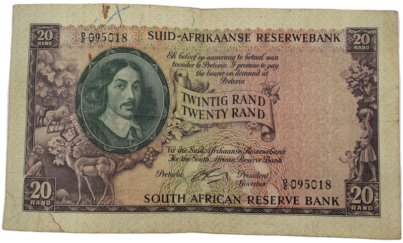 G.Rissik 1962 D2 Prefix - South Africa 20 Rand -Twenty Rand -AFrikaans -English Bank note Circulated