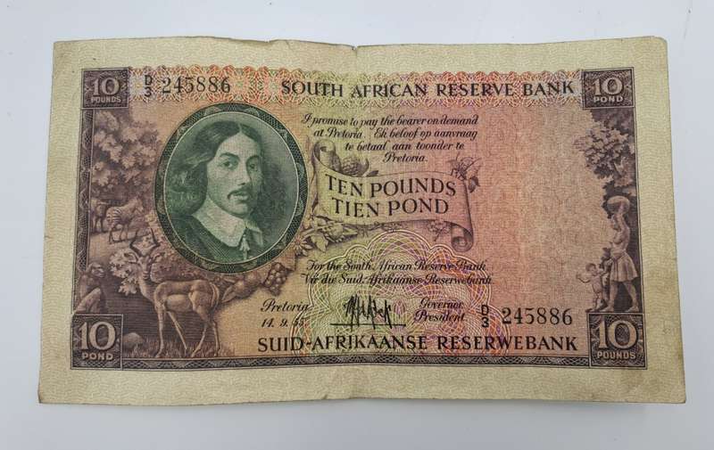 M.H De Kock 1955 South Africa Ten Pound -Tien Pond Bank note Circulated