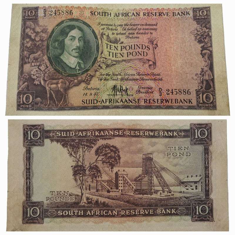 M.H De Kock 1955 South Africa Ten Pound -Tien Pond Bank note Circulated