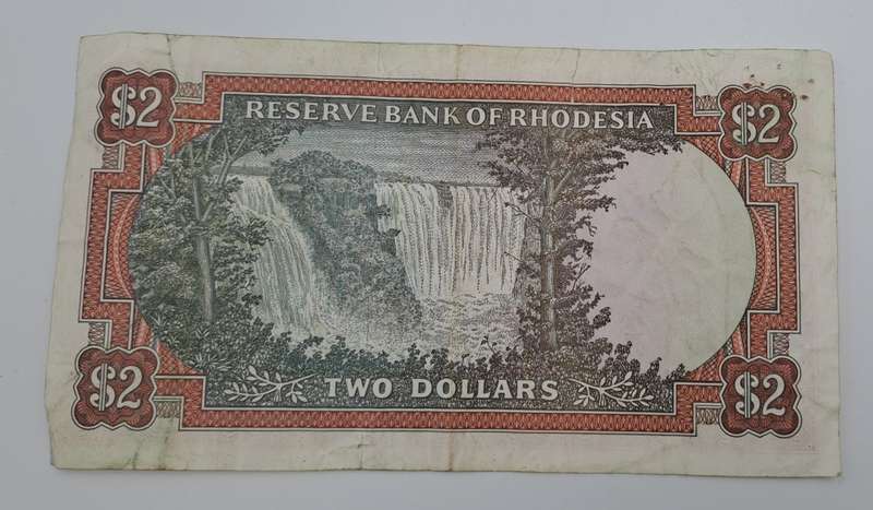 Rare 1970 Rhodesia 2 Dollar (Two Dollar) Banknote-Rhodes Watermark