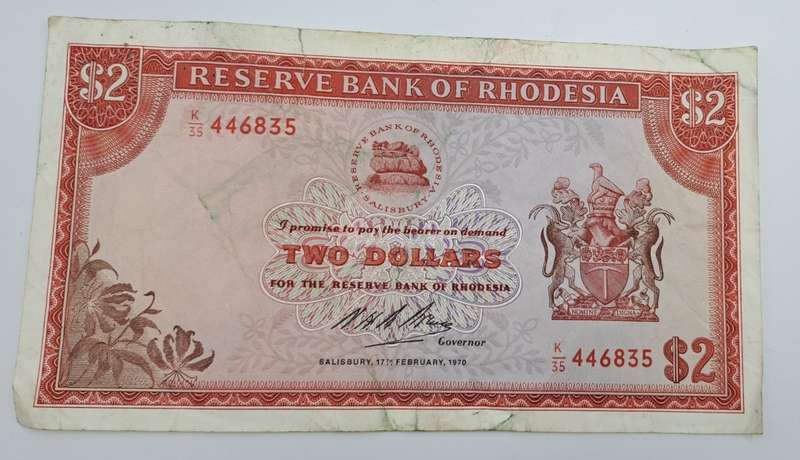 Rare 1970 Rhodesia 2 Dollar (Two Dollar) Banknote-Rhodes Watermark