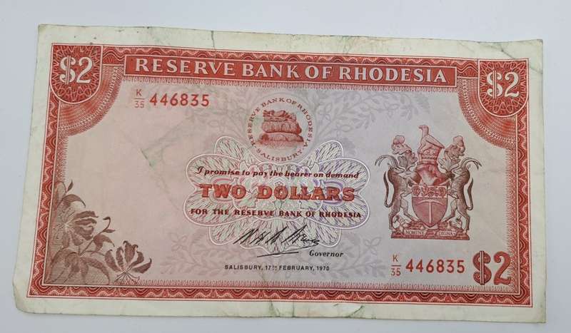 Rare 1970 Rhodesia 2 Dollar (Two Dollar) Banknote-Rhodes Watermark