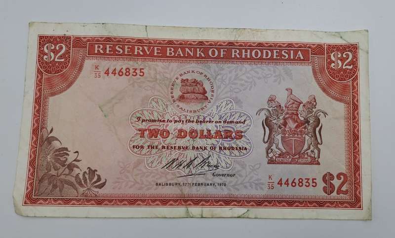 Rare 1970 Rhodesia 2 Dollar (Two Dollar) Banknote-Rhodes Watermark