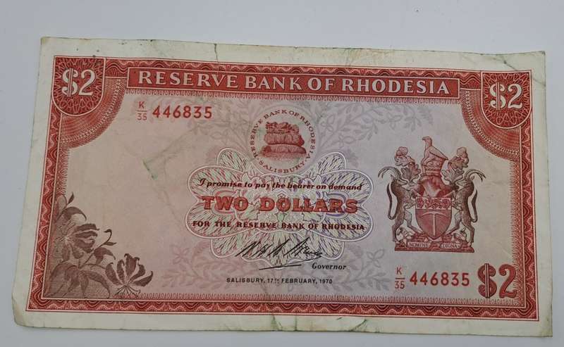 Rare 1970 Rhodesia 2 Dollar (Two Dollar) Banknote-Rhodes Watermark