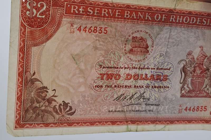 Rare 1970 Rhodesia 2 Dollar (Two Dollar) Banknote-Rhodes Watermark