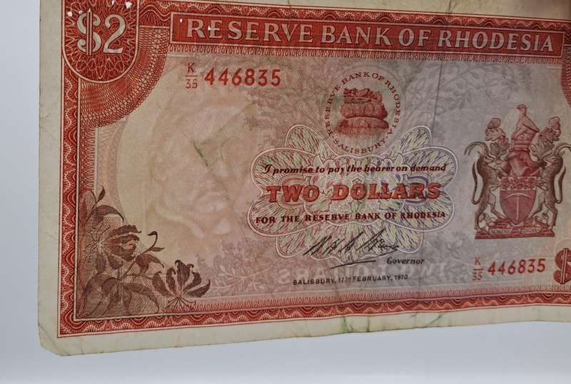 Rare 1970 Rhodesia 2 Dollar (Two Dollar) Banknote-Rhodes Watermark