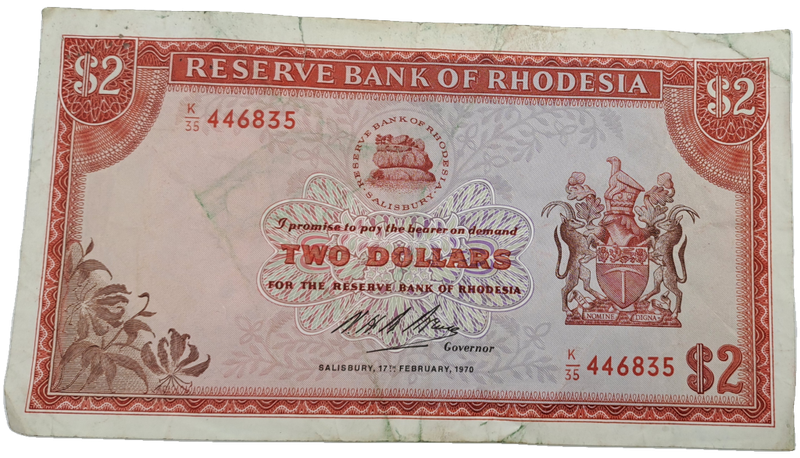 Rare 1970 Rhodesia 2 Dollar (Two Dollar) Banknote-Rhodes Watermark
