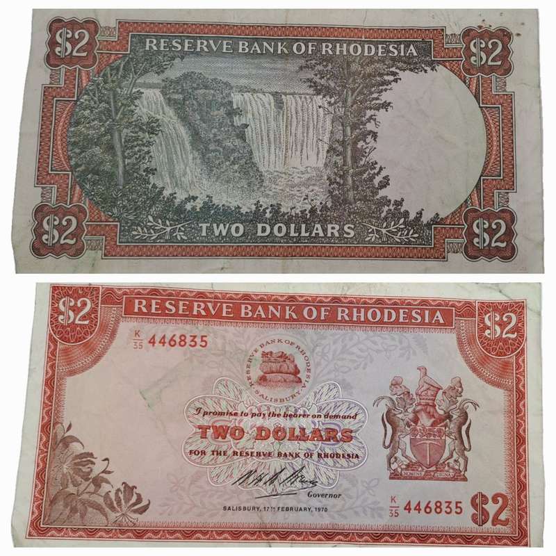 Rare 1970 Rhodesia 2 Dollar (Two Dollar) Banknote-Rhodes Watermark