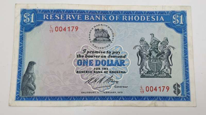 Rare !! 1970 Rhodesia 1 Dollar (One Dollar) Banknote