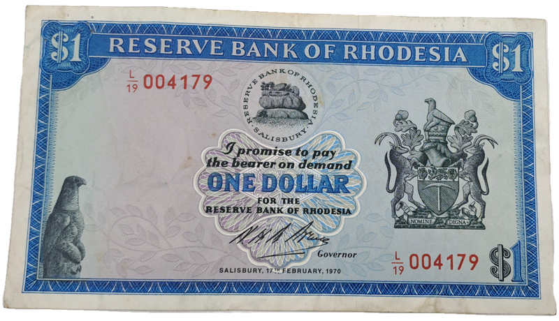Rare !! 1970 Rhodesia 1 Dollar (One Dollar) Banknote