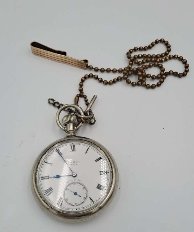 Antique Sterling Silver ELGIN Pocket watch on Chain Working-Made in USA