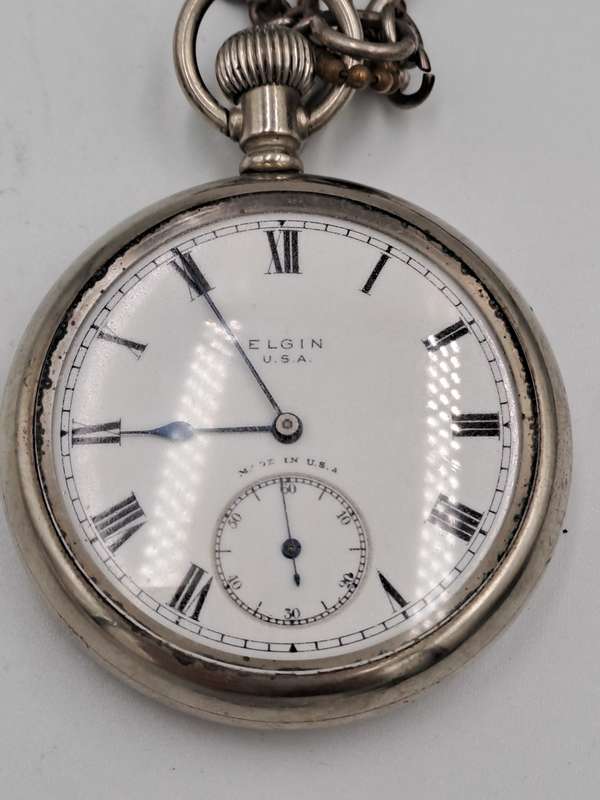 Antique Sterling Silver ELGIN Pocket watch on Chain Working-Made in USA