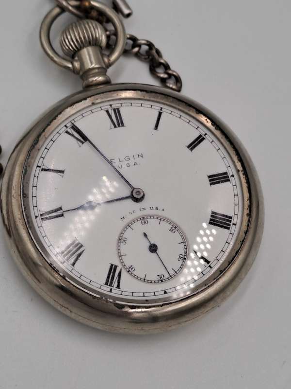 Antique Sterling Silver ELGIN Pocket watch on Chain Working-Made in USA