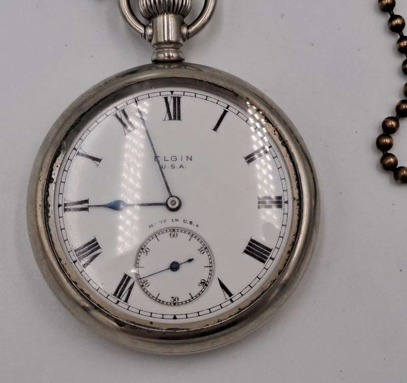 Antique Sterling Silver ELGIN Pocket watch on Chain Working-Made in USA