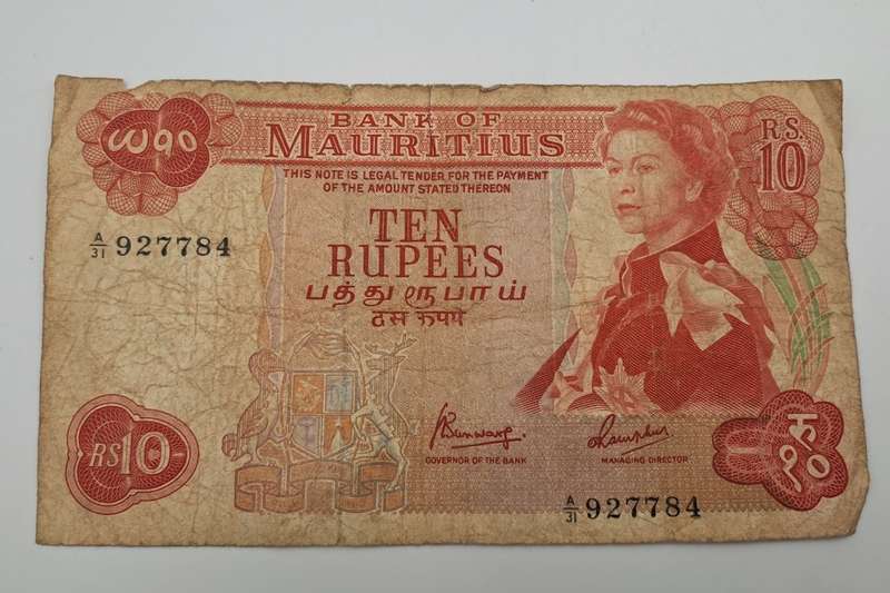 1967  Mauritius 10 Rupees  Bank Note -Circulated