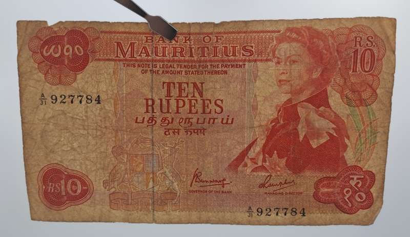 1967  Mauritius 10 Rupees  Bank Note -Circulated