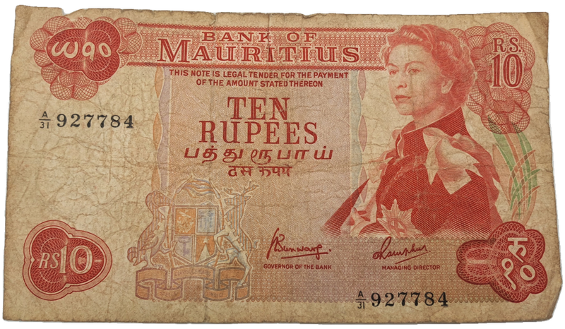 1967  Mauritius 10 Rupees  Bank Note -Circulated