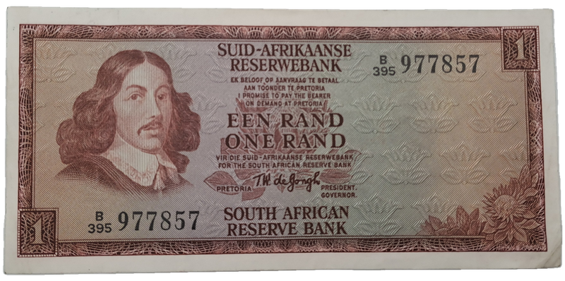 1975 TW de Jongh South Africa 1 Rand -Afrikaans - English Prefix B395 -Bank Note