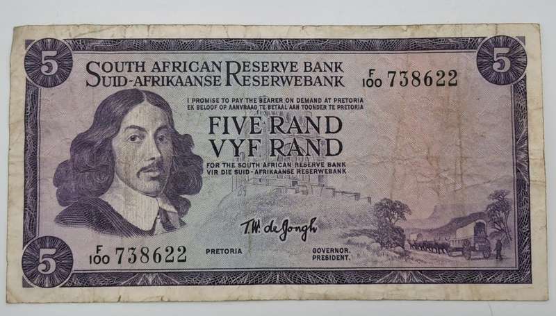 1966-1967 TW de Jongh South Africa 5 Rand- R5 - English-Afrikaans  Prefix F100 -Bank Note
