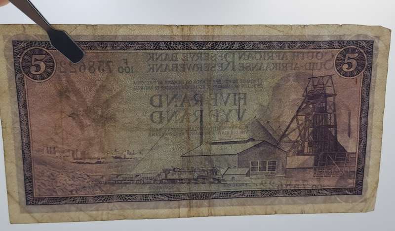 1966-1967 TW de Jongh South Africa 5 Rand- R5 - English-Afrikaans  Prefix F100 -Bank Note
